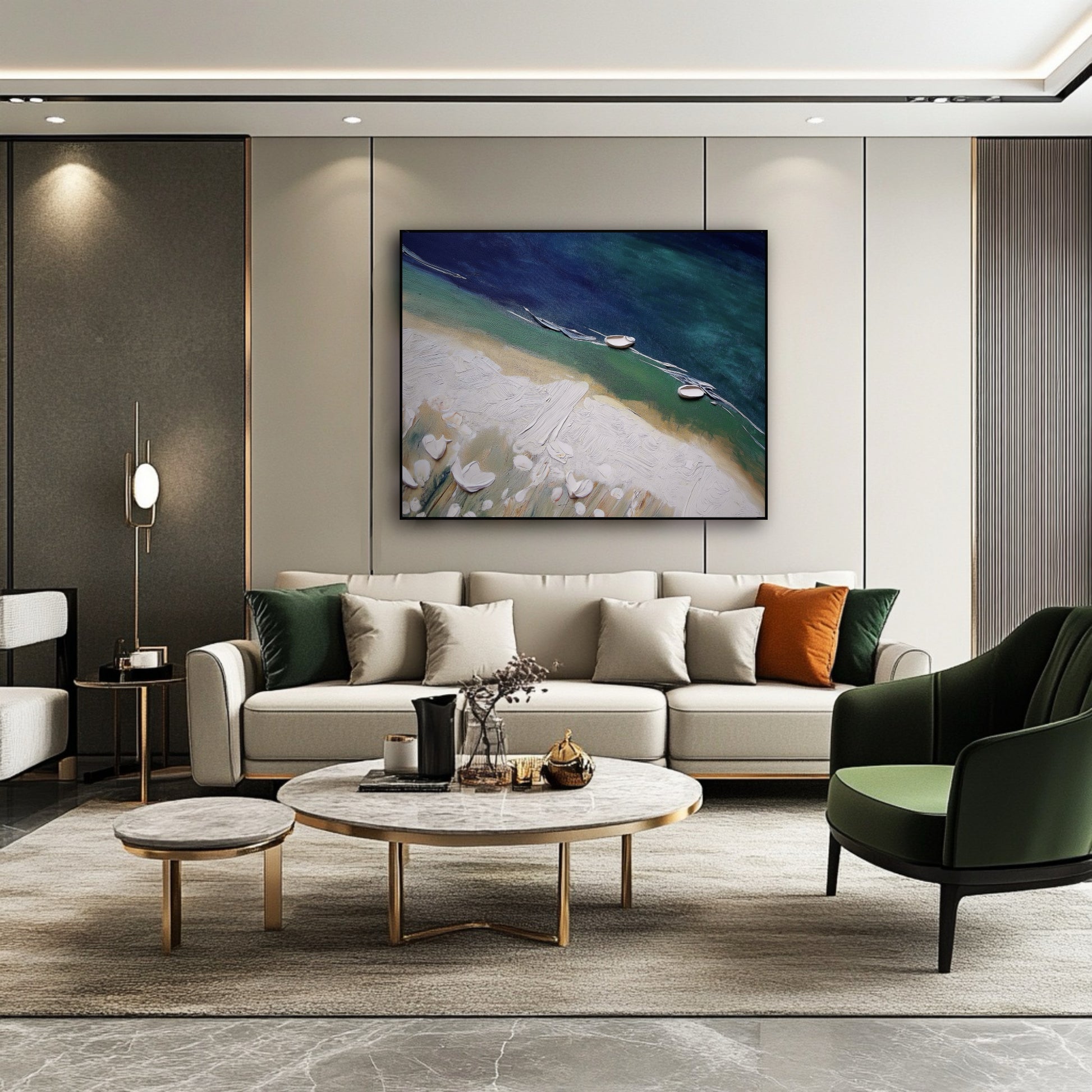 Original impasto seascape providing a vivid color anchor over a luxury sofa, complementing the deep emerald green chair and gold accents.