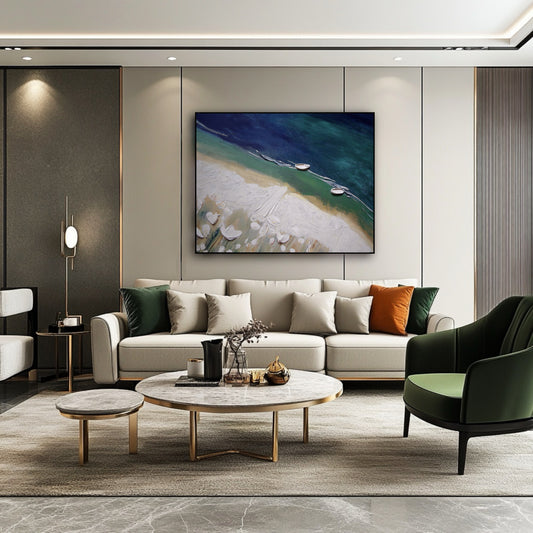 Original impasto seascape providing a vivid color anchor over a luxury sofa, complementing the deep emerald green chair and gold accents.