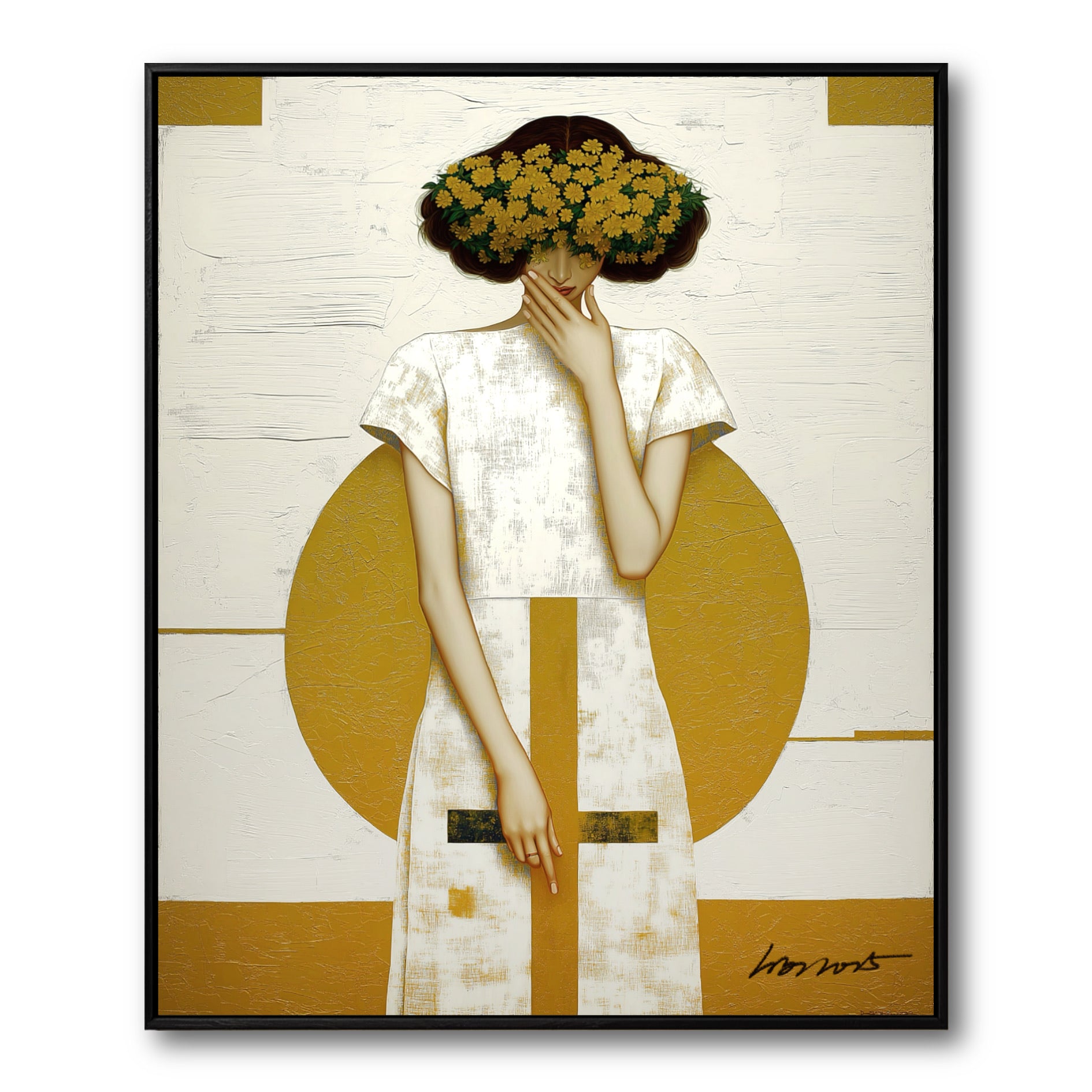 Modern portrait of a woman with a floral crown. Textured canvas art in white, black, and gold. Ideal for contemporary decor.