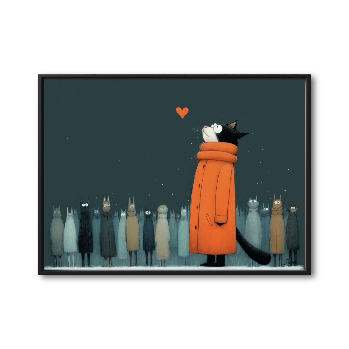 Original illustrative painting of a black cat in a bright orange coat, looking at a red heart as a crowd of cats watches in the snow.