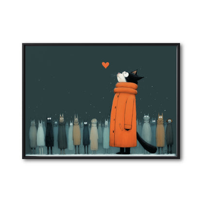 Original illustrative painting of a black cat in a bright orange coat, looking at a red heart as a crowd of cats watches in the snow.