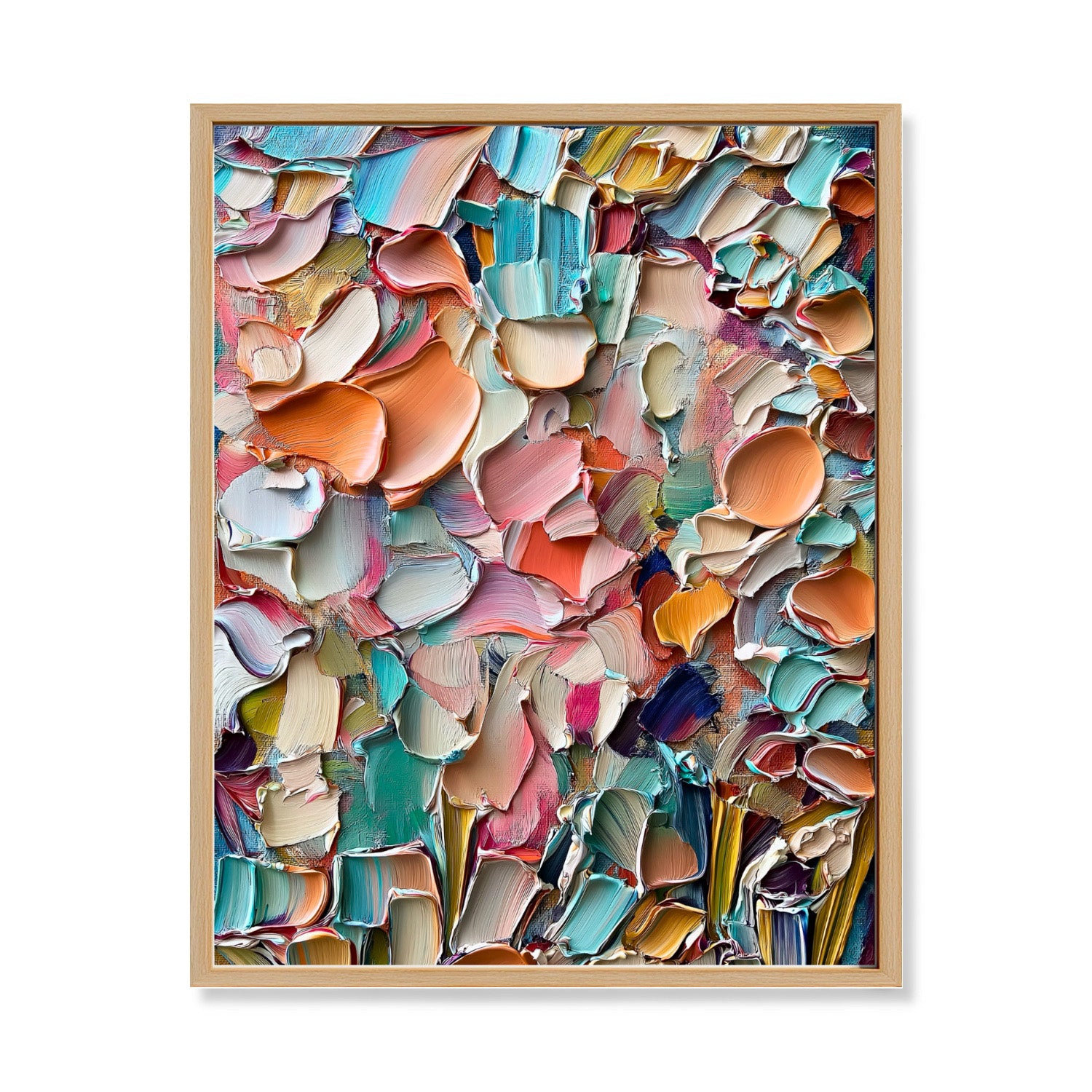 Original impasto abstract painting. Highly textured palette knife art with orange, teal, pink, and blue. Vibrant modern wall art. Warm/Cool contrast.