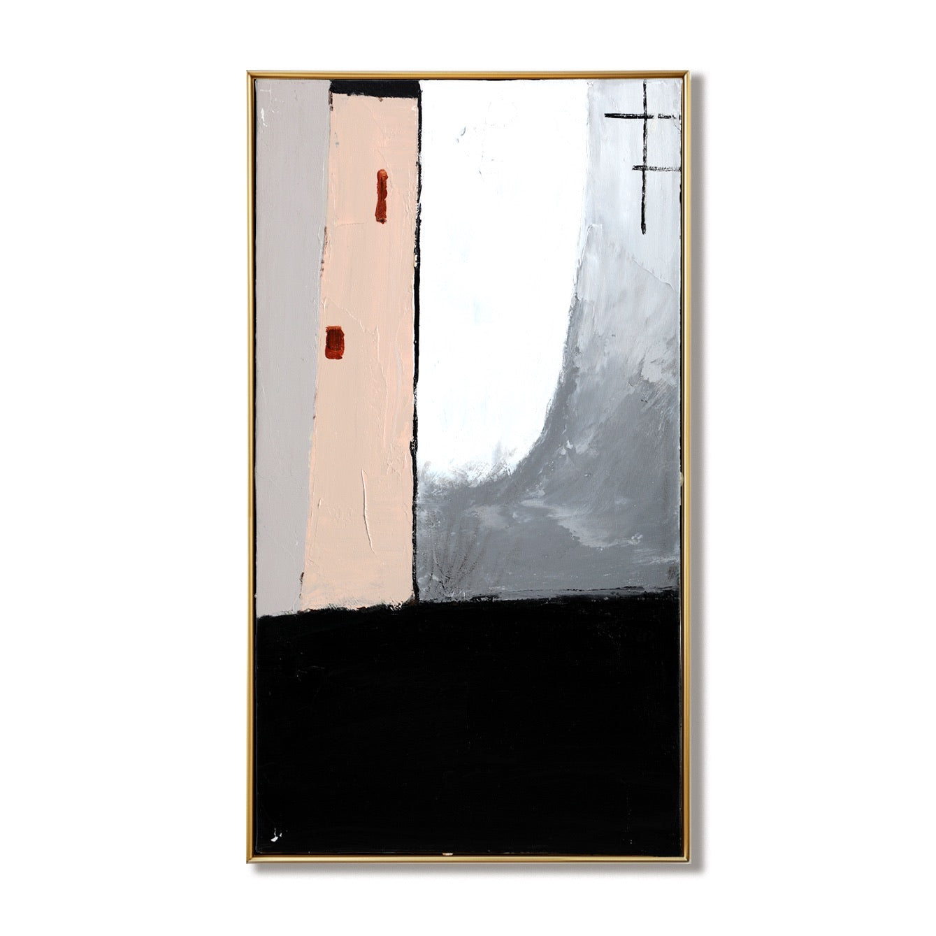 A calm, minimalist hand-drawn oil painting: a vertical geometric abstract in rustic strokes, warm, and beige tones.
