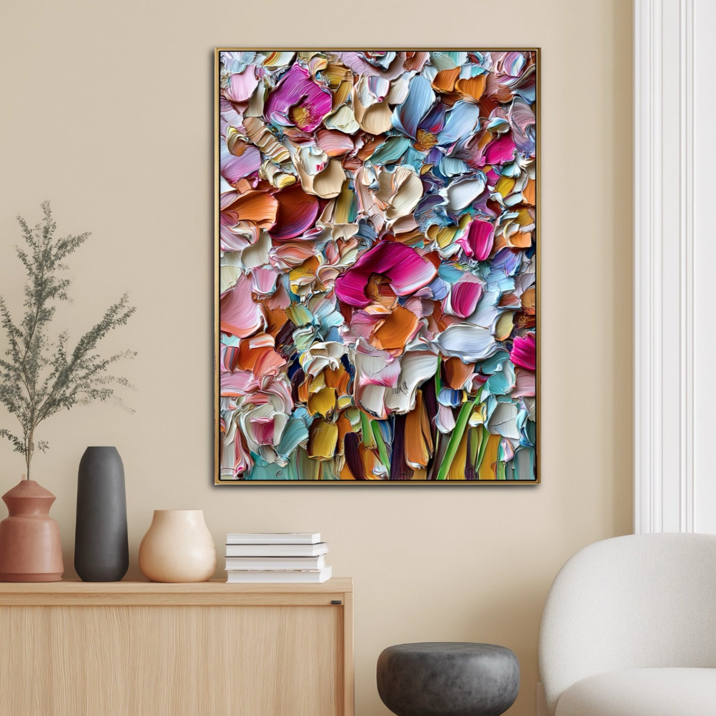 Vibrant impasto art provides maximalist contrast to the refined, light wood console and neutral wall color in this modern space.