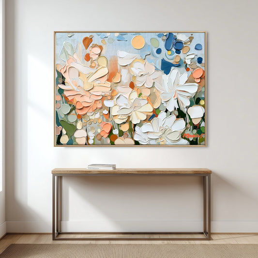 Large abstract floral art creates a focal point above a minimalist console table, blending modern design with a subtle pop of texture and color.
