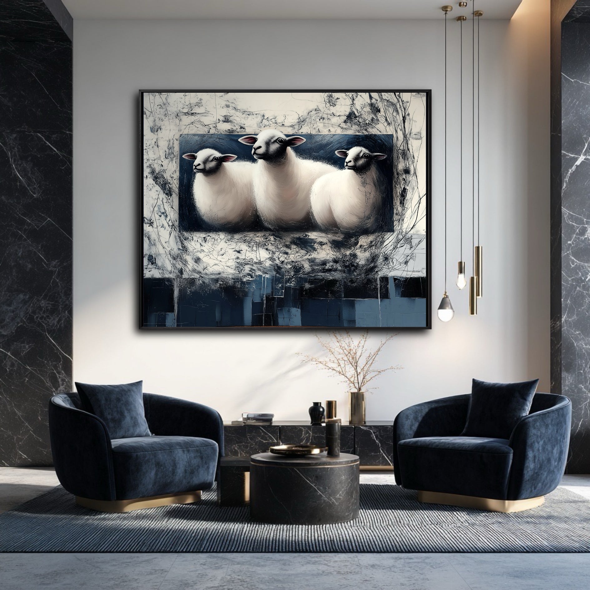 Abstract three-sheep art adds a focal point to a luxury modern room with black marble walls and blue velvet chairs.