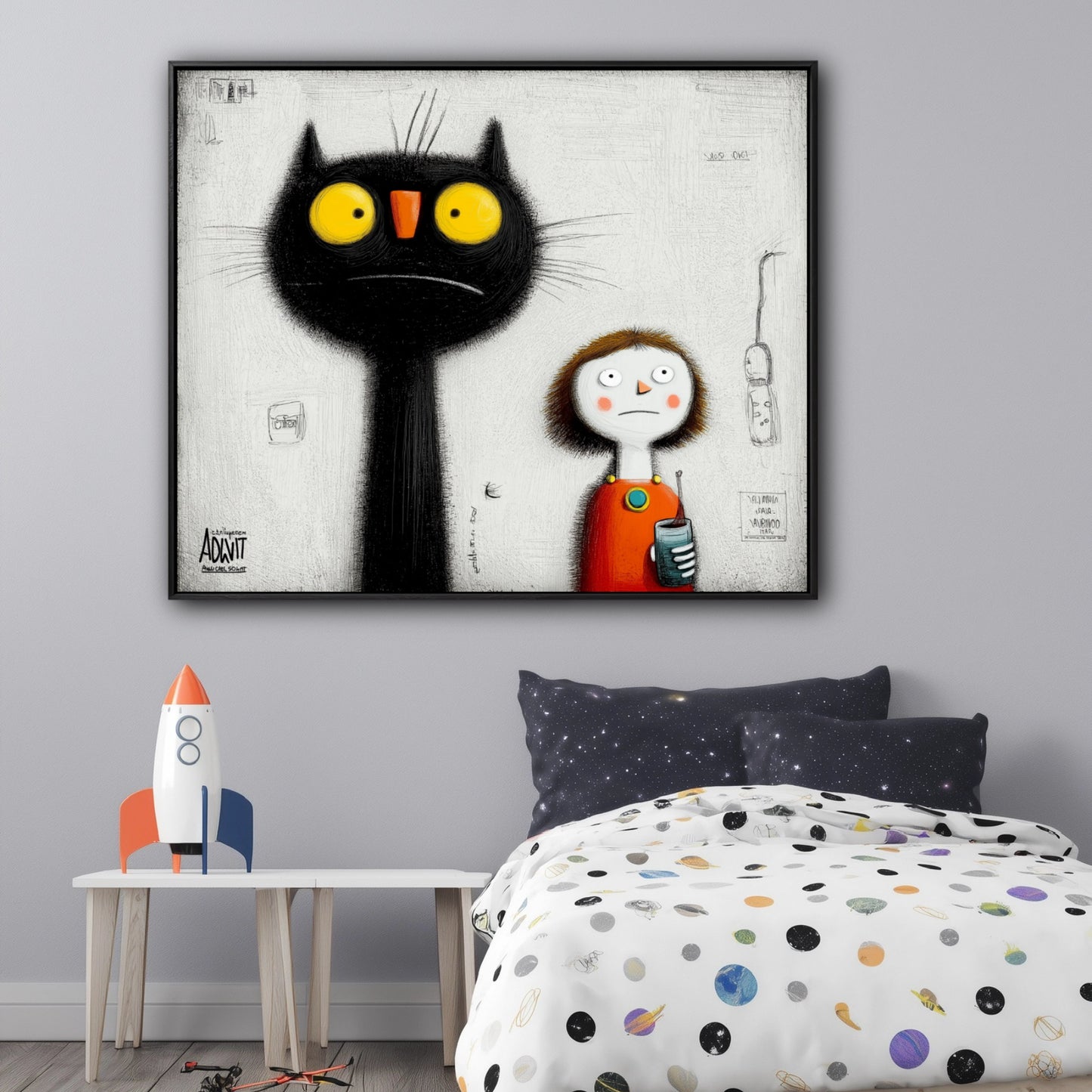 A quirky cat and girl painting completes a modern kid's room, its whimsical style matching the space-themed bedding and toy rocket.