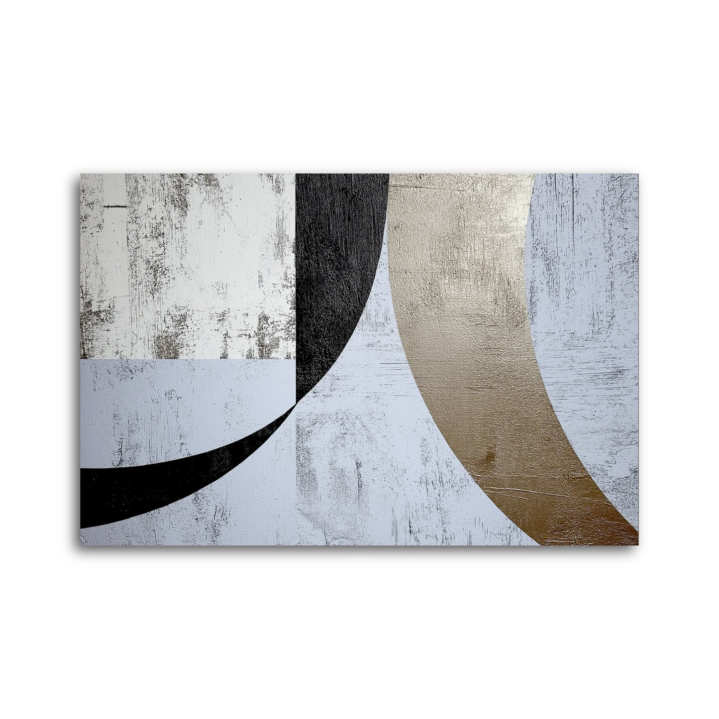 Original geometric abstract painting. A distressed, textured design with bold black and gold curves on a weathered white canvas.