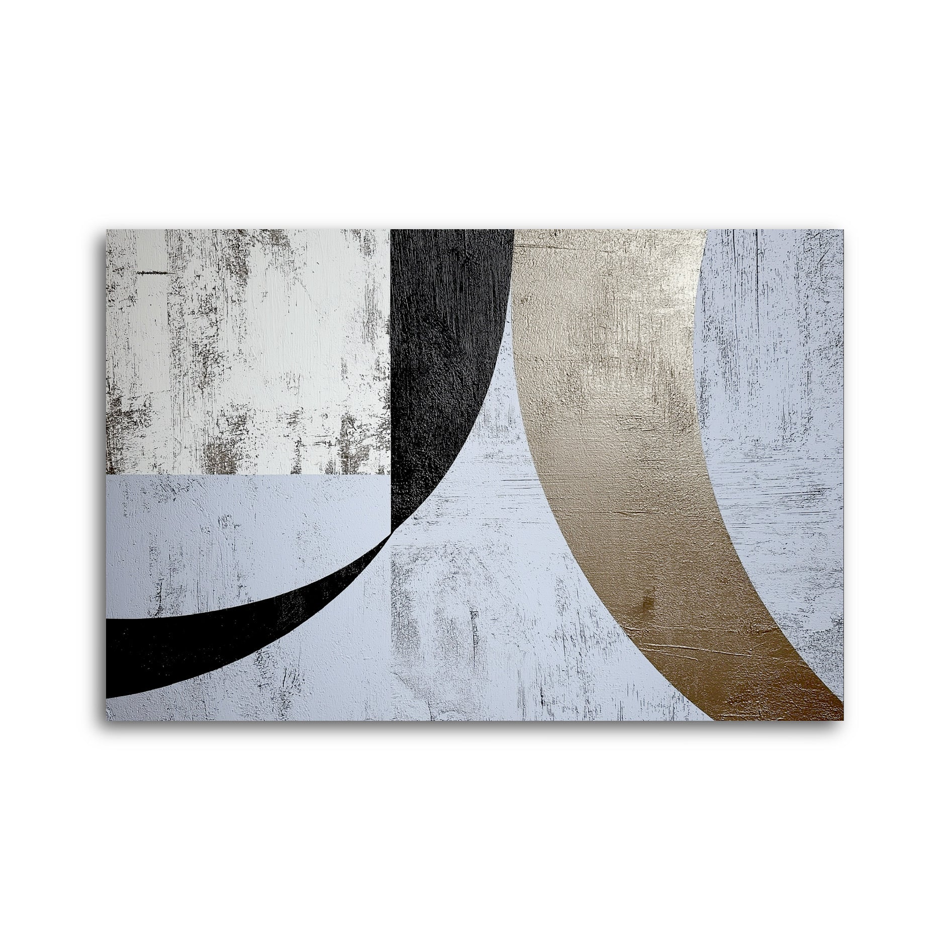 Original geometric abstract painting. A distressed, textured design with bold black and gold curves on a weathered white canvas.