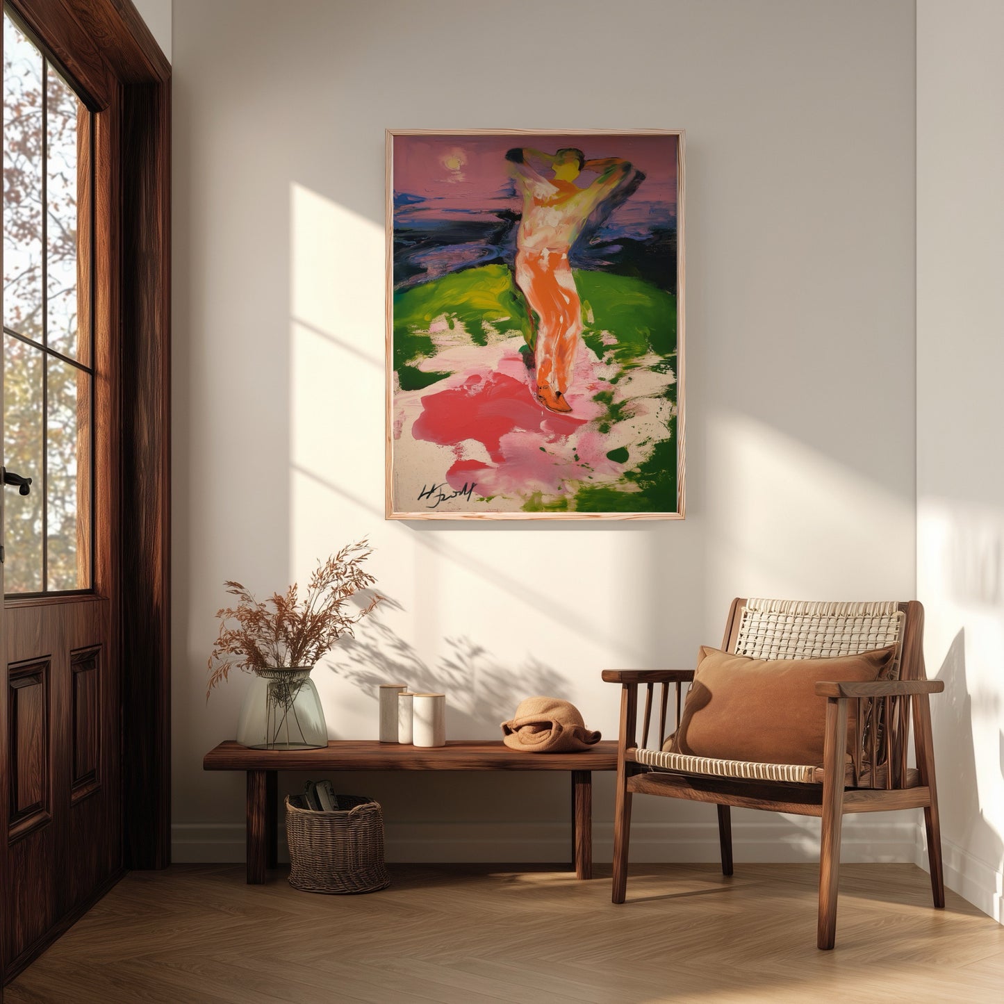 Abstract golf art in a sunlit rustic entryway. The vibrant pinks contrast beautifully with the natural wood and woven decor.