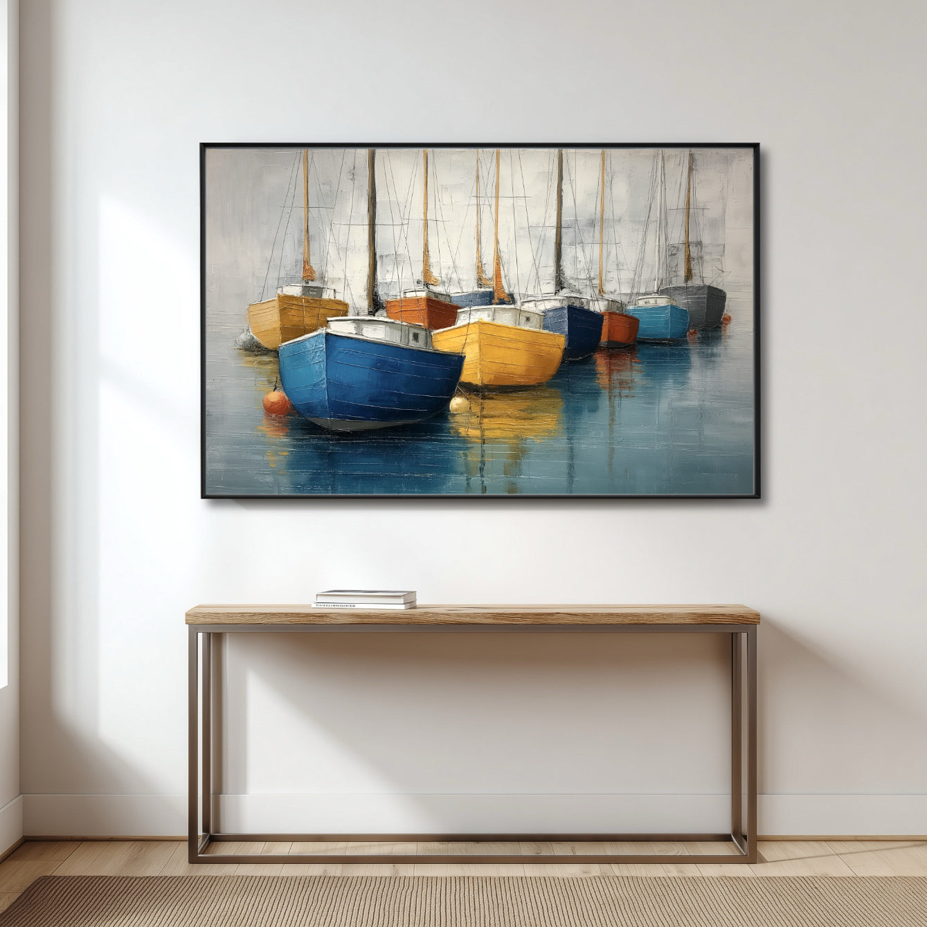 Large boat artwork in a minimalist entryway above a sleek wooden console table, adding color to white walls.