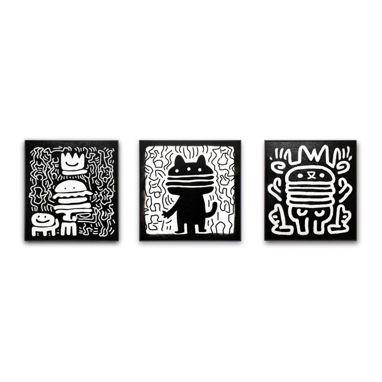 	Original set of three monochromatic modern paintings; abstract street art style figures: a cat and two crowned burgers.