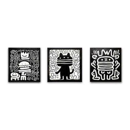 	Original set of three monochromatic modern paintings; abstract street art style figures: a cat and two crowned burgers.