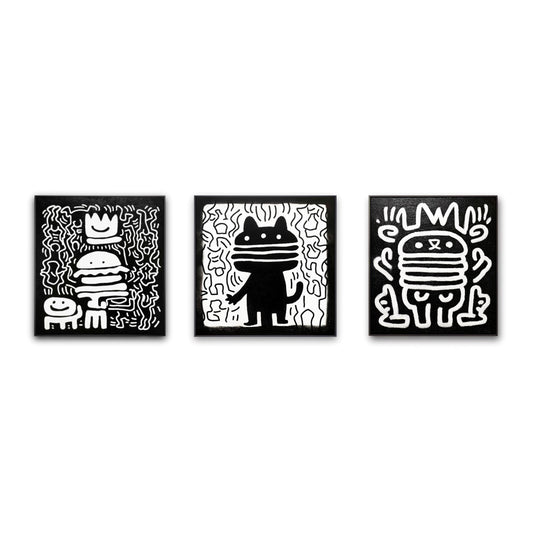 	Original set of three monochromatic modern paintings; abstract street art style figures: a cat and two crowned burgers.