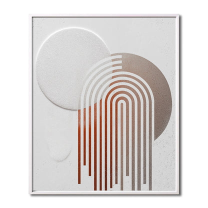 Original geometric abstract art. Features textured circles and repeating arches in a warm red, taupe, and neutral palette.