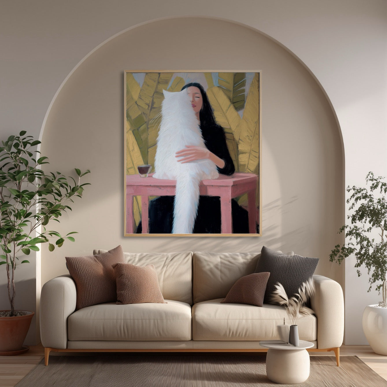 Original oil painting of woman and cat in a cozy, minimalist living room. Neutral walls with archway, plush sofa, and potted plants.