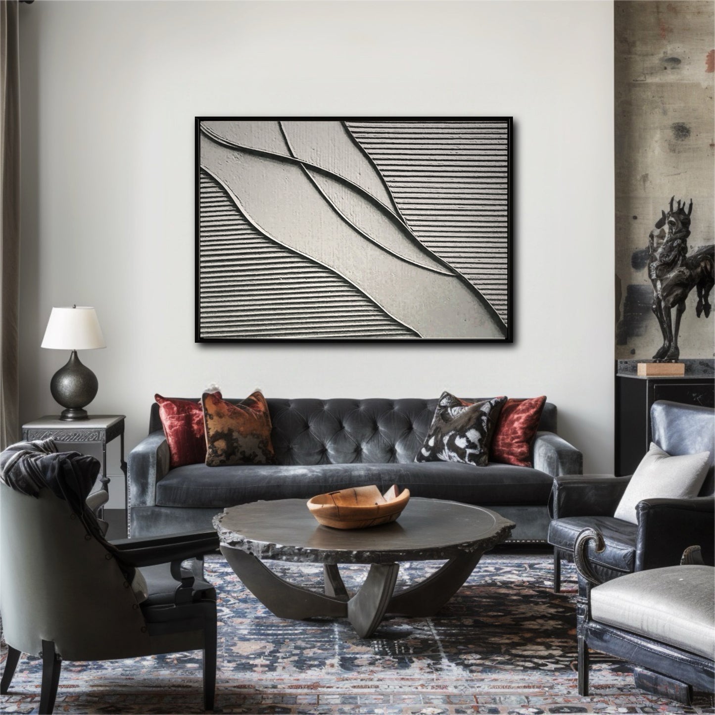 The clean, linear art piece contrasts with a dark velvet sofa and patterned rug, adding a modern touch to this eclectic living space.