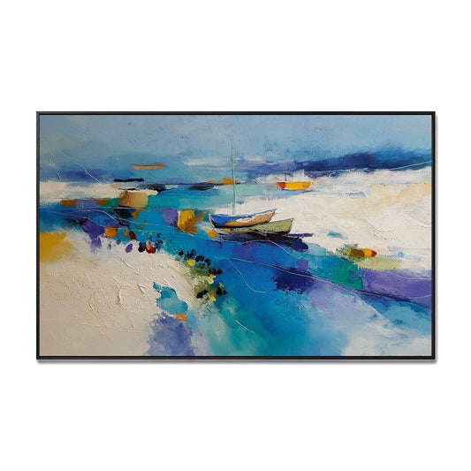 Original hand-painted abstract coastal oil art. Vibrant blue & yellow reflection with boats, dynamic marine style.