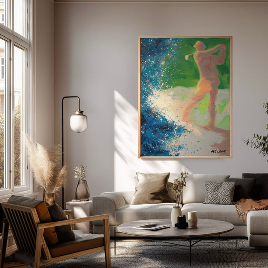 Hand-painted colorful golf canvas in a sunlit modern living area. Fresh green and blue tones enhance the bright, airy atmosphere.