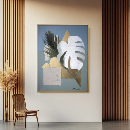 Original geometric leaf art in a Japandi space. Cool blue and gold colors contrast elegantly with warm wood slats and furniture.