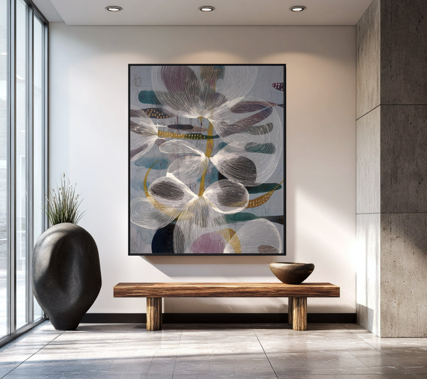 Abstract floral art in cool tones provides a serene, airy focal point over a natural wood bench in a modern, sunlit hallway.