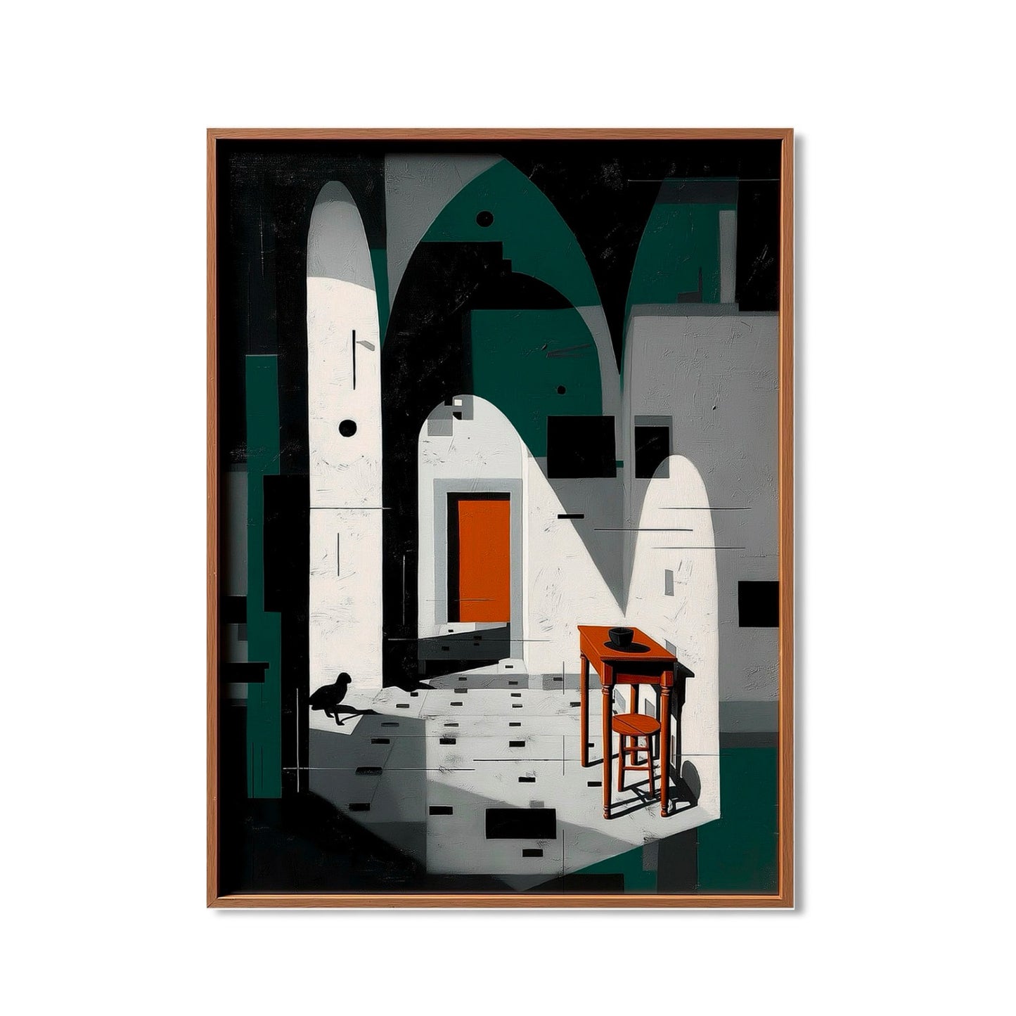Original abstract architectural painting. Dark teal, white, & orange geometric composition with figure; surreal, dramatic light & shadow.