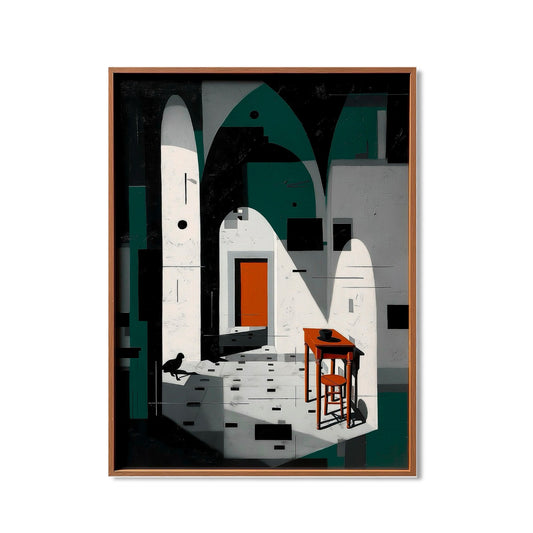Original abstract architectural painting. Dark teal, white, & orange geometric composition with figure; surreal, dramatic light & shadow.