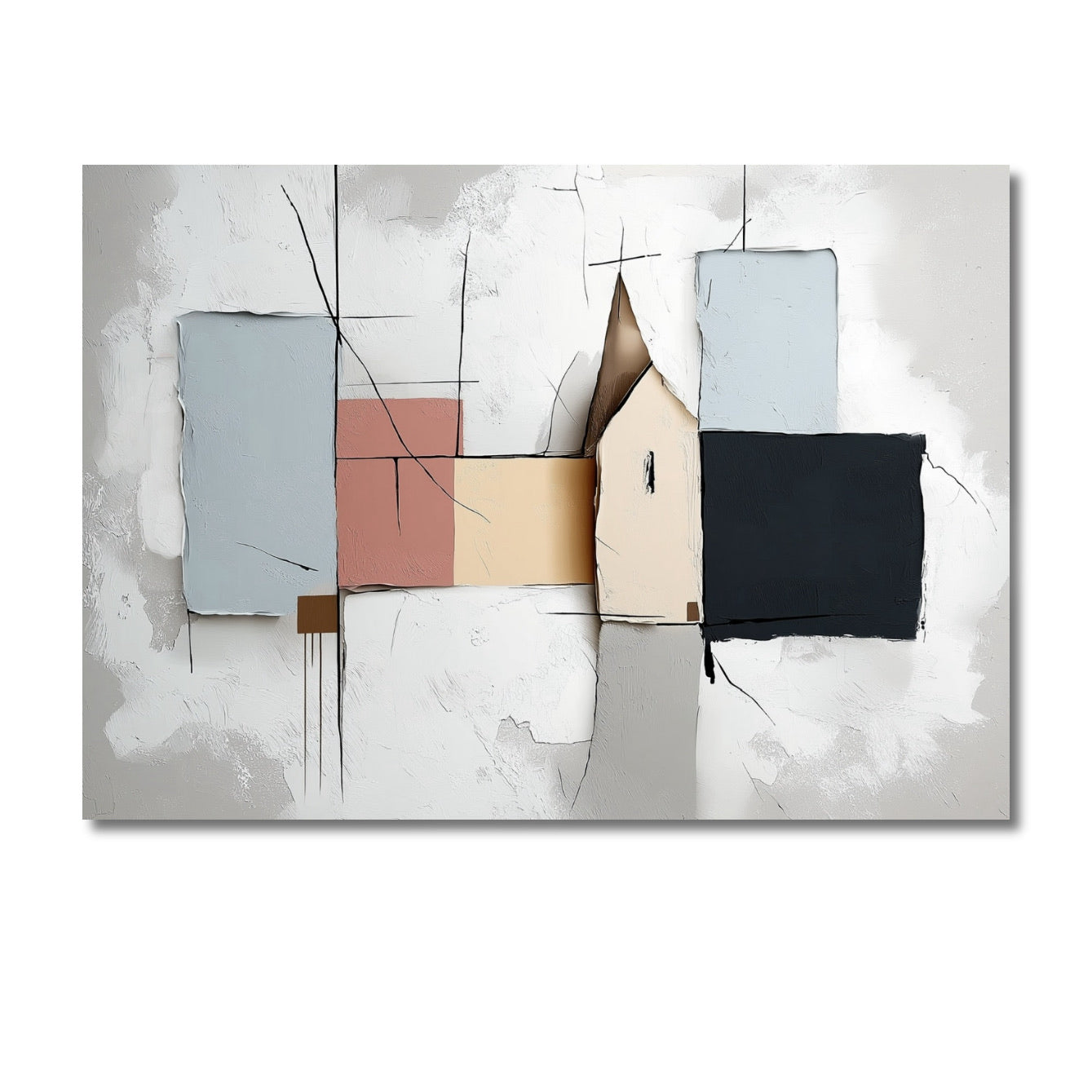 Original abstract architecture art. Textured gray, pink, blue, black, and beige blocks with a house shape. Modern structural. Neutral tone.