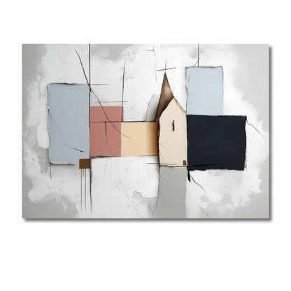 Original abstract architecture art. Textured gray, pink, blue, black, and beige blocks with a house shape. Modern structural. Neutral tone.