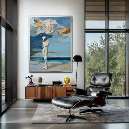 Original abstract art in modern lounge. Cool blue textured painting adds a calming focal point above the black leather chair.
