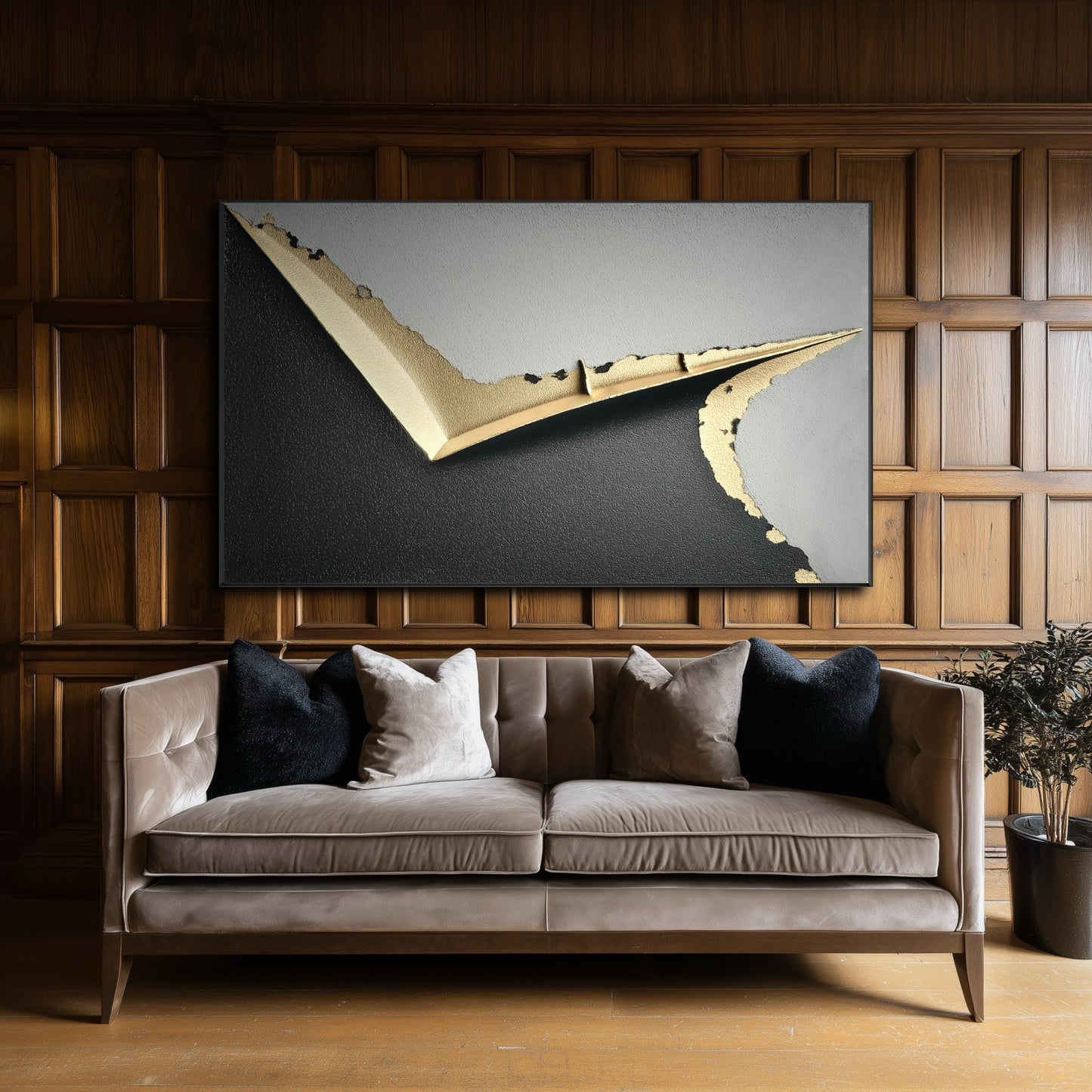Large modern black and gold painting on a classic dark wood paneled wall above a velvet sofa in a traditional study.