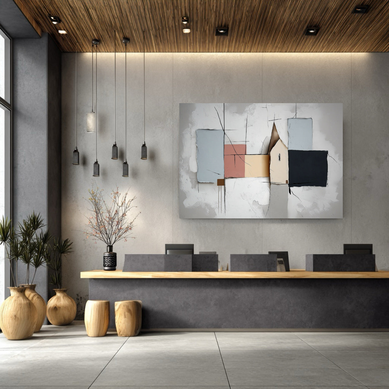 Abstract architectural canvas defines a modern reception area with concrete walls, wood ceiling, and clean counter, lending a cultured, sleek ambiance.
