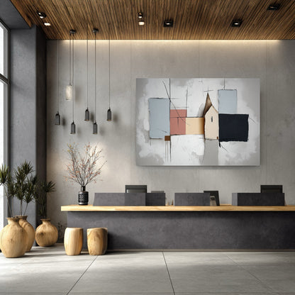 Abstract architectural canvas defines a modern reception area with concrete walls, wood ceiling, and clean counter, lending a cultured, sleek ambiance.