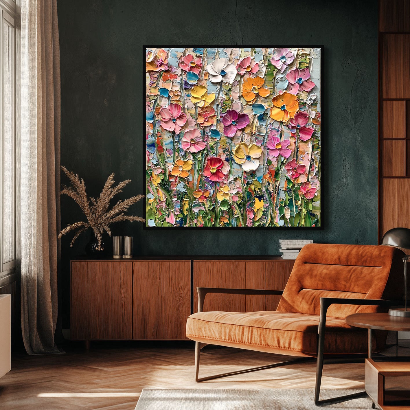 Textured wildflower painting illuminates a moody space with deep green walls, contrasting with the rich orange chair and warm wood console, adding depth.