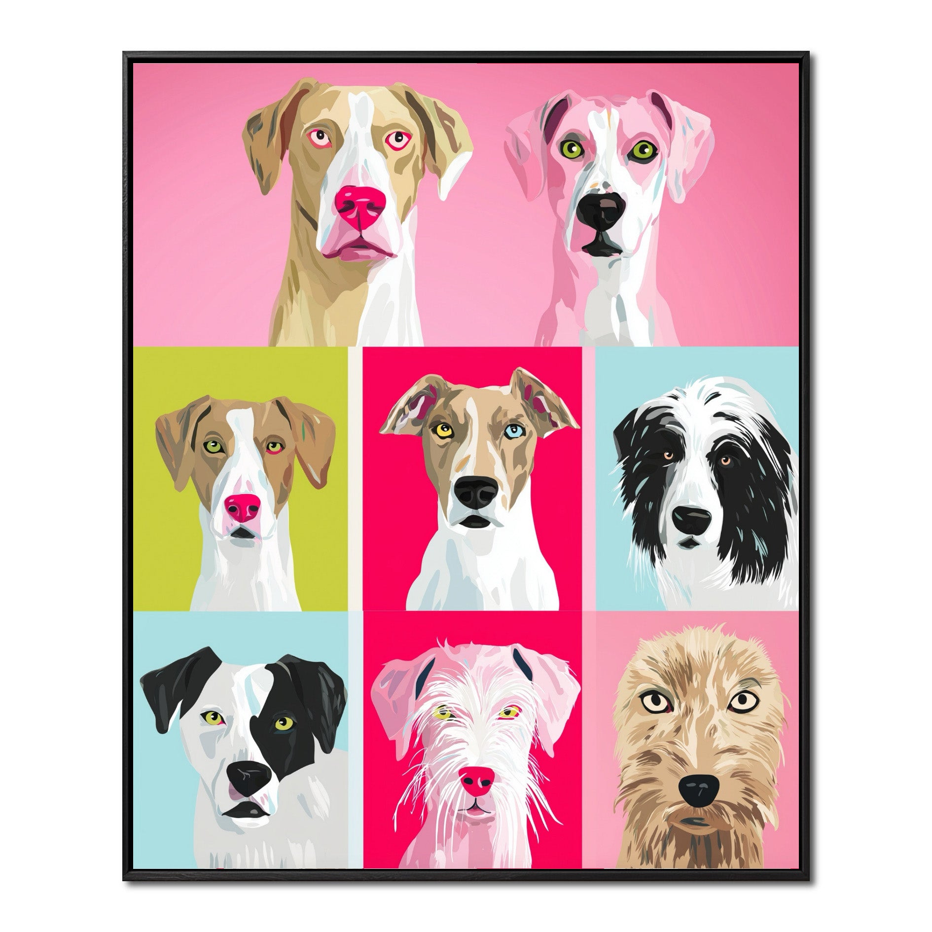 Original abstract dog grid portrait painting. Pop art style with striking pink, green, and blue colors. Expressive canine faces.