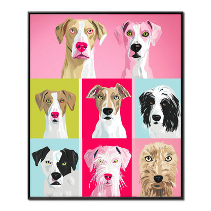 Original abstract dog grid portrait painting. Pop art style with striking pink, green, and blue colors. Expressive canine faces.