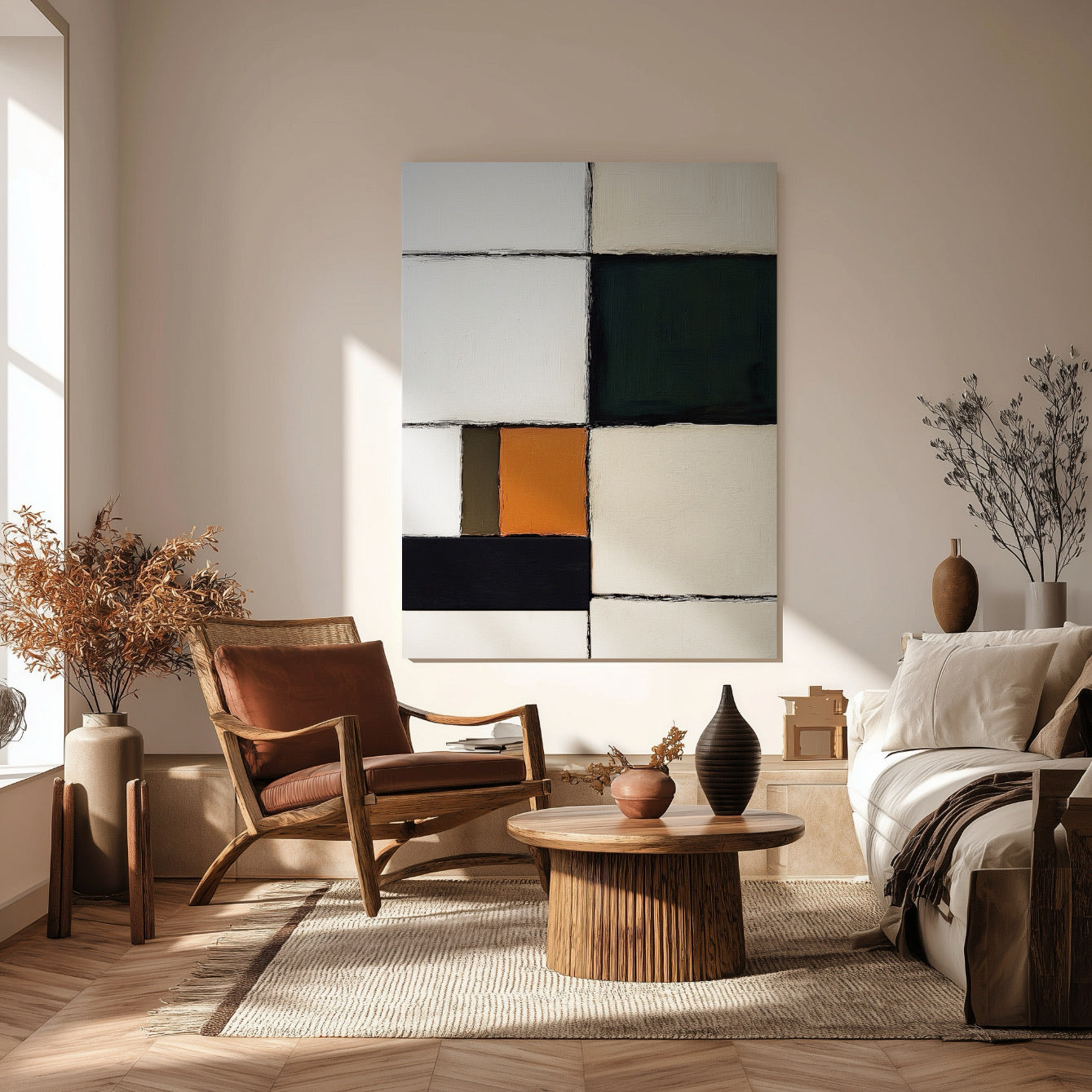 Colorful abstract art above a bed, complementing a rattan armchair, woven rug, and earthy tones in a boho bedroom.