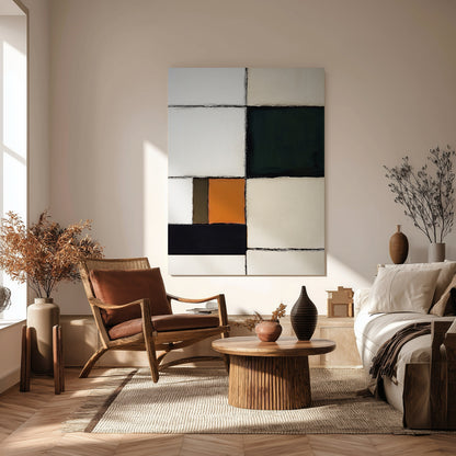 Colorful abstract art above a bed, complementing a rattan armchair, woven rug, and earthy tones in a boho bedroom.