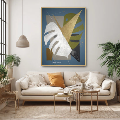 Large blue statement painting in bright boho living room. Abstract white monstera art anchoring cream sofa and woven textures.