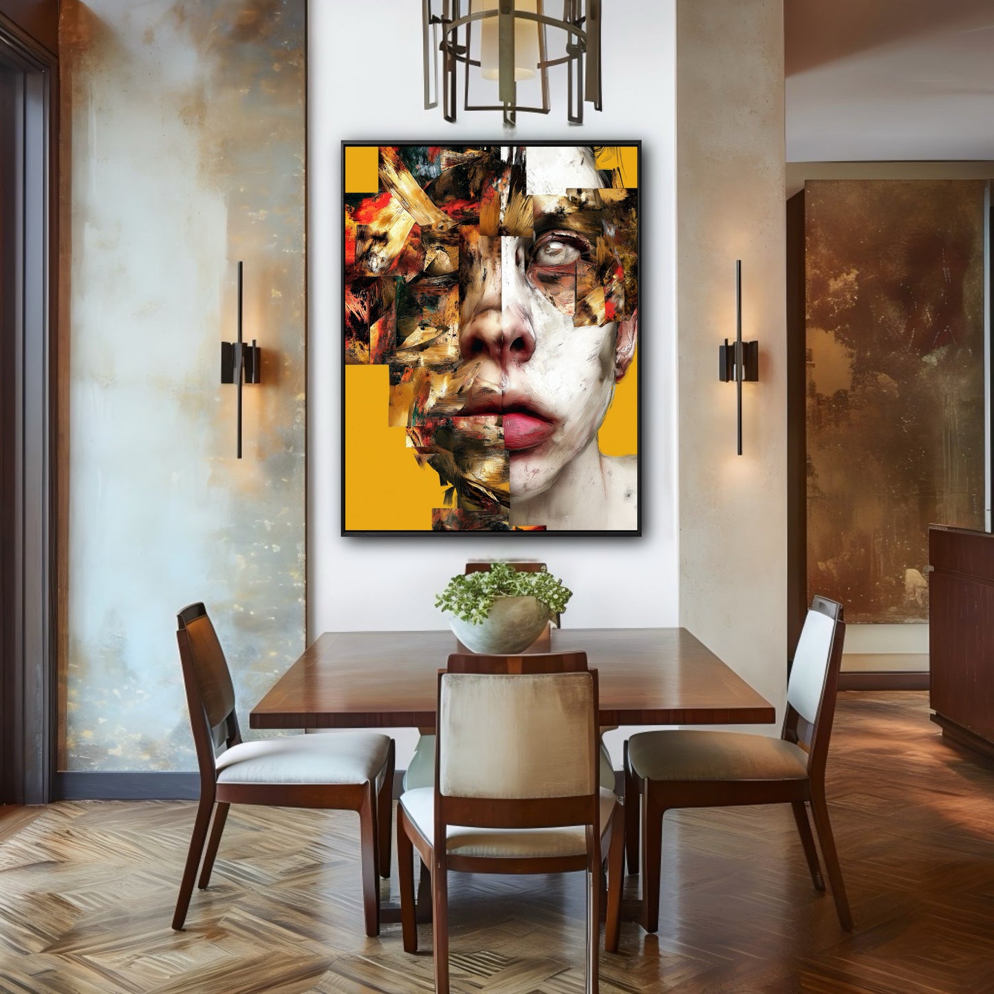 A modern abstract face painting hangs in an elegant dining room between two wall sconces, centered above a dark wood dining table.