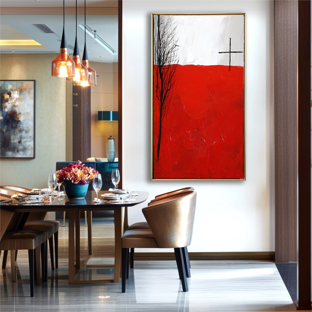 Dining room with a red abstract painting on the wall