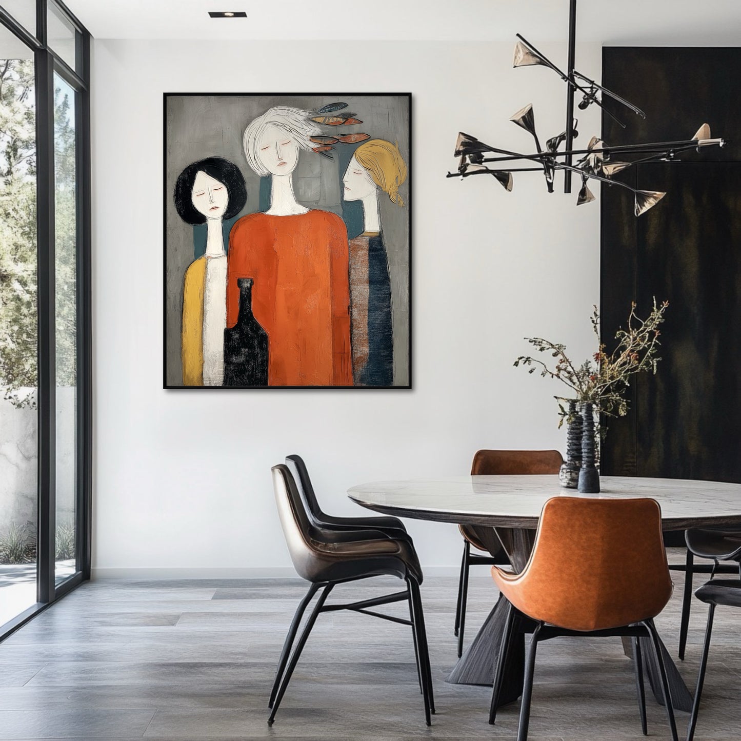 Modern figurative art for a minimalist dining room. Neutral tones with splashes of color create a sophisticated, clean aesthetic.