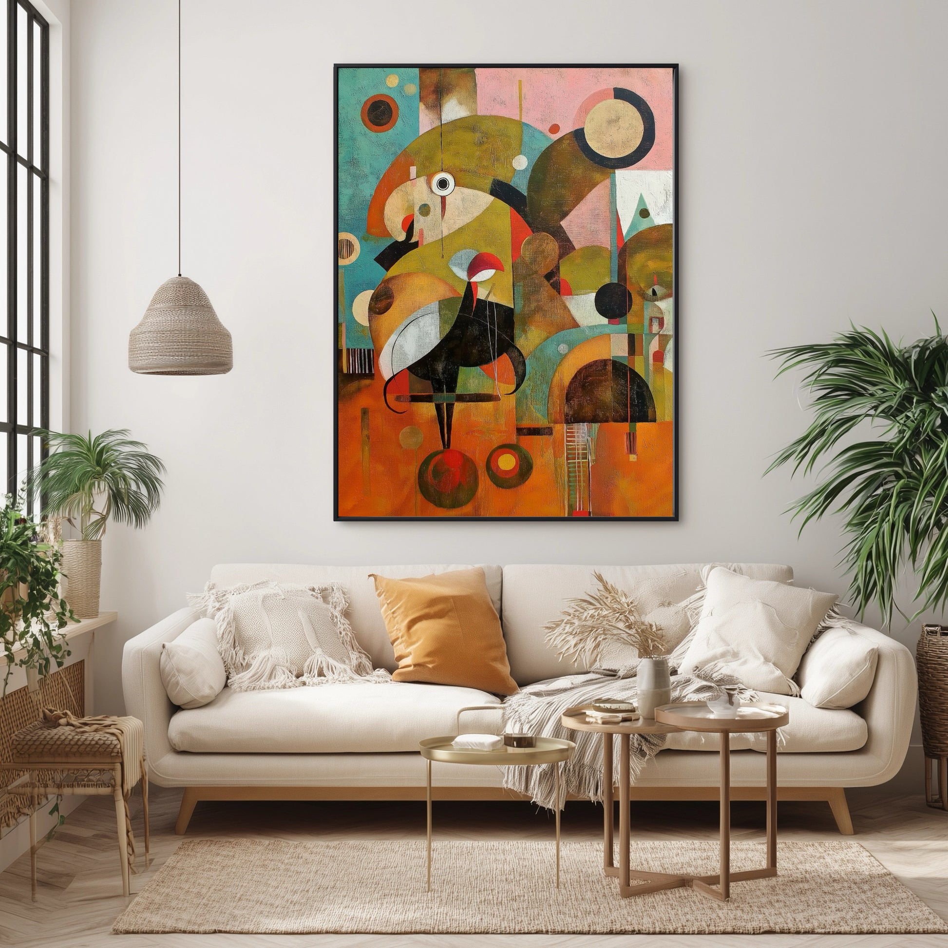 Original geometric abstract artwork anchors the light, natural vibe of the living room, complementing the woven textures and plants.