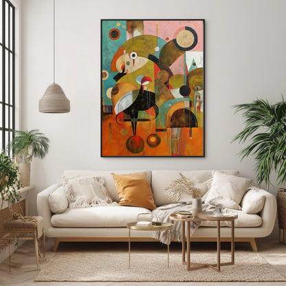 Original geometric abstract artwork anchors the light, natural vibe of the living room, complementing the woven textures and plants.