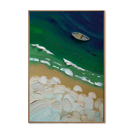 Original hand-painted vertical impasto boat oil painting. Emerald green, gold, and white thick texture coastal art with thin wooden frame.