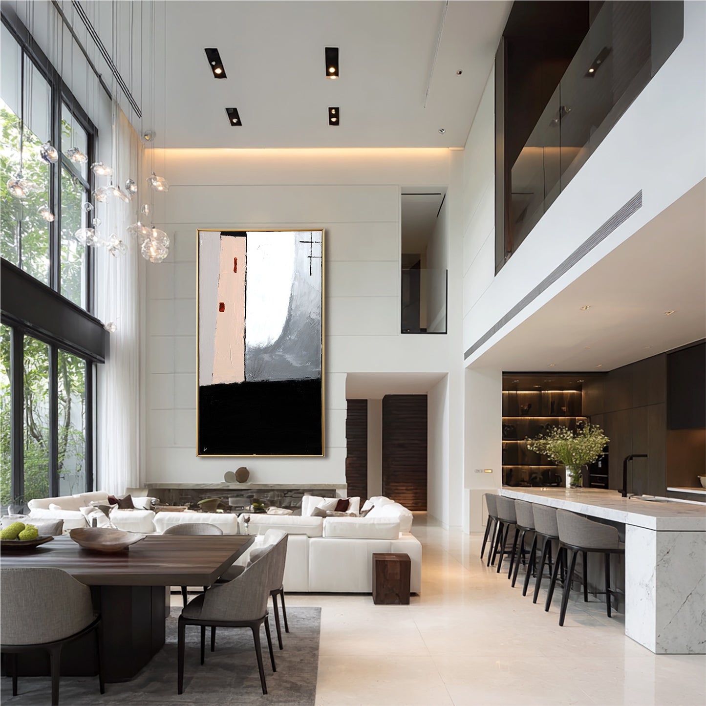 Modern living room with white walls, large windows, and a dining table.