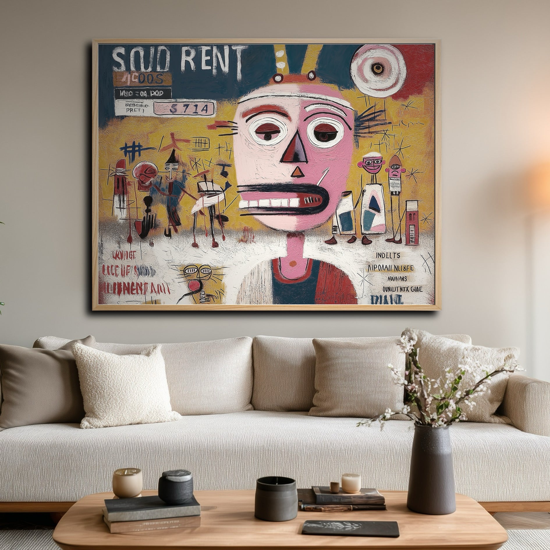 A large-scale neo-expressionist painting dominates a contemporary living room, hanging above a simple beige sofa on a hardwood floor.