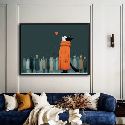 A framed painting of a cat in an orange coat hangs on an elegant, white-paneled wall above a modern deep blue velvet sofa.