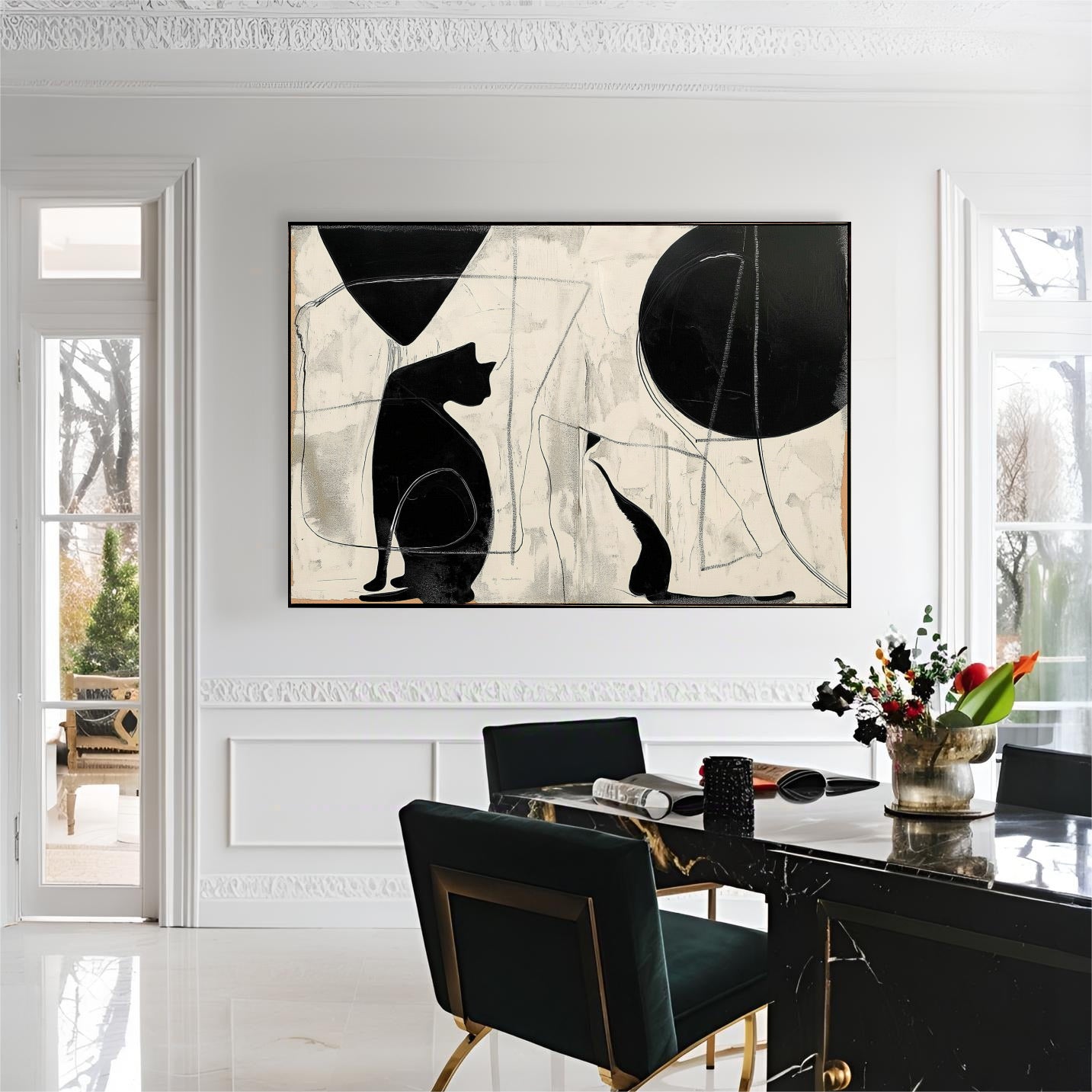 Original abstract cat art provides sleek minimalist contrast above a black marble table in a formal, classic dining room.