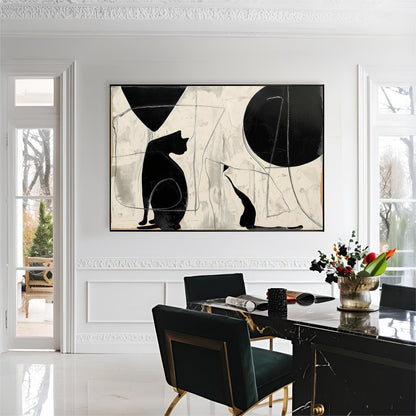 Original abstract cat art provides sleek minimalist contrast above a black marble table in a formal, classic dining room.